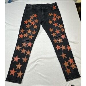 Amiri x Chemist Men Sz 40 Orange Brown Leather Star Patch Jeans Black Distressed